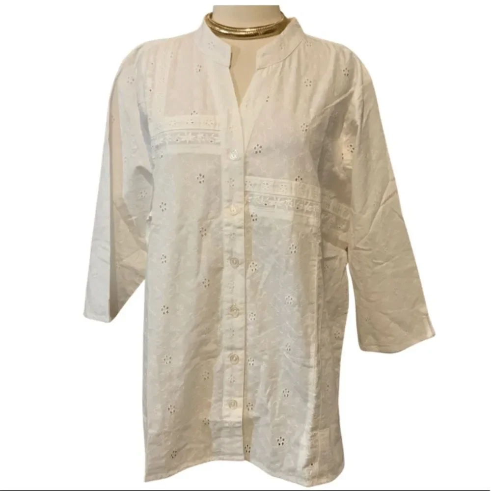 NWT Denim & Co. QVC Eyelet Button Front Shirt White Eyelet 2X Plus